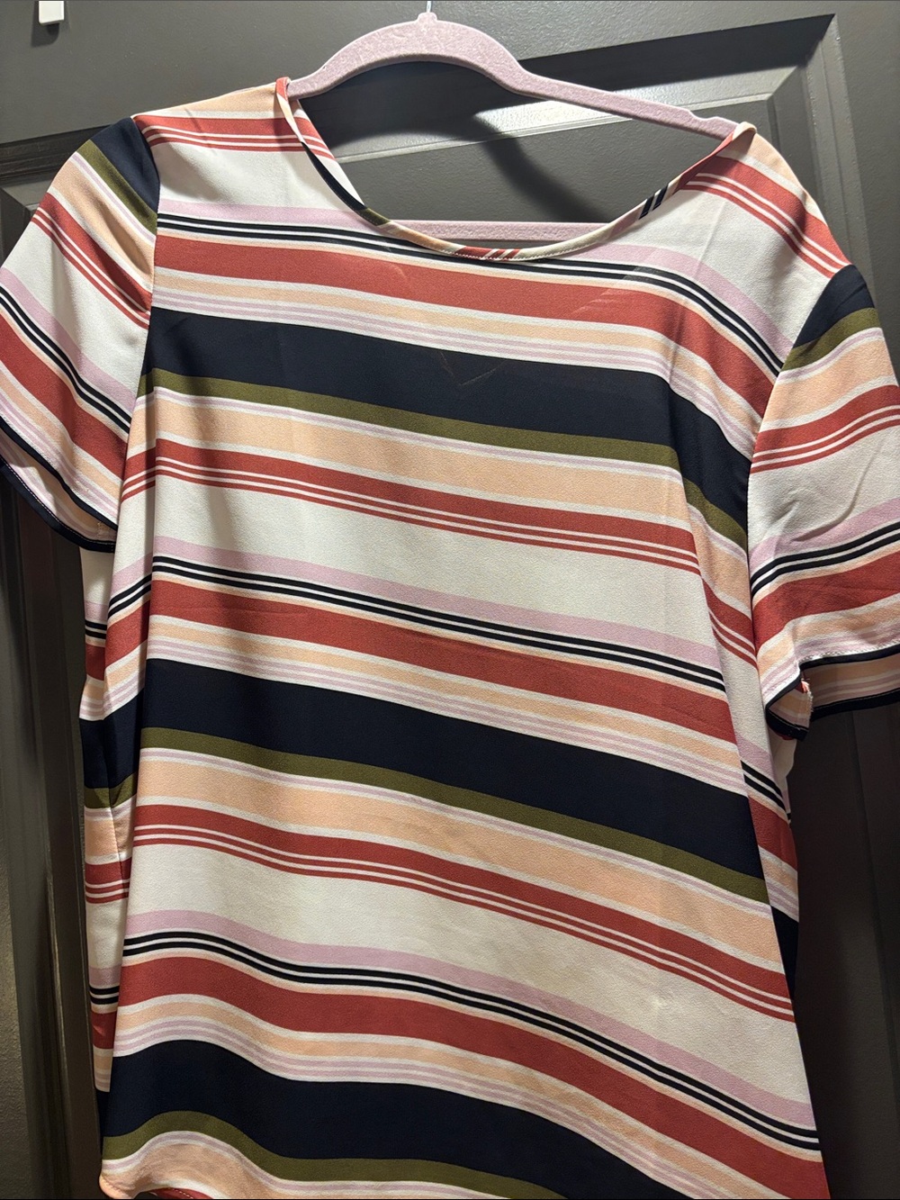 Ann Taylor Multi-Stripe Short Sleeve Blouse in Pink, Navy, Olive & Cream